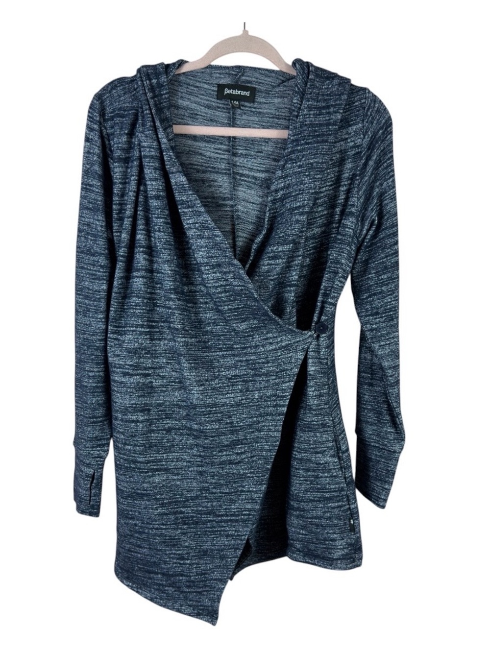 Betabrand womens sz S/M blue blue hooded thumbhole sleeve wrap duster cardigan